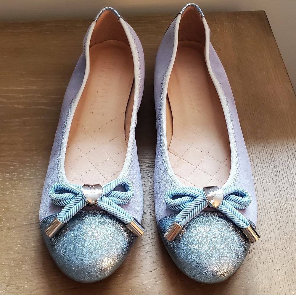 Ballerina Leather Flats - Suede, Periwinkle Blue With Silver Bow - Made In Spain